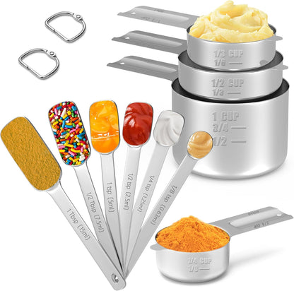 Magnetic Measuring Cups and Spoons Set, 7 Nesting Stainless Steel Measuring Cup Set with Easy to Read Markings, 7 Magnetic Measuring Spoons & 1 Leveler for Measuring Dry or Liquid Ingredients