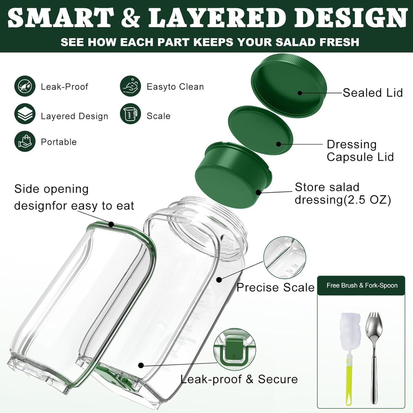 FNHMSL Side-Opening Mason Salad Jar, Portable (35 oZ) 1000ml Salad Container with Leakproof Dressing Cup, Includes Spoon and Cleaning Brush, Perfect for Meal Prep, Gym, Office, Picnic and Travel