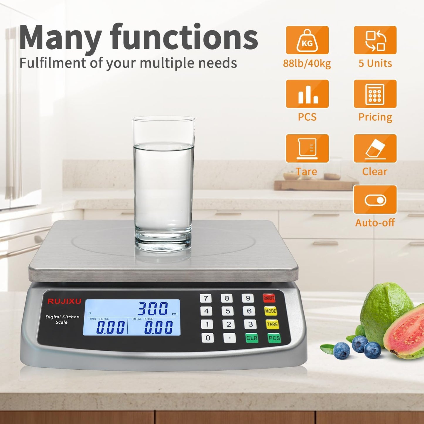 Large Digital Kitchen Scale 30KG Commercial Food Scale 66LB for Baking Bread Meat Stainless Steel Price Computing Scale LCD Display,Prep Counting Scale for Parts and Coins Adapter Included