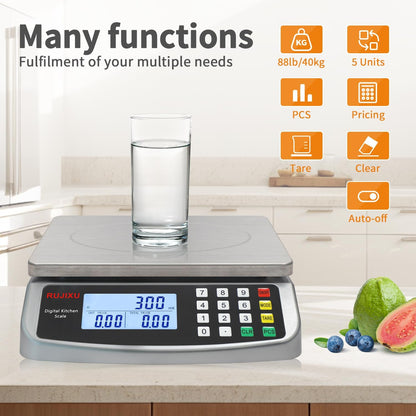 Large Digital Kitchen Scale 30KG Commercial Food Scale 66LB for Baking Bread Meat Stainless Steel Price Computing Scale LCD Display,Prep Counting Scale for Parts and Coins Adapter Included