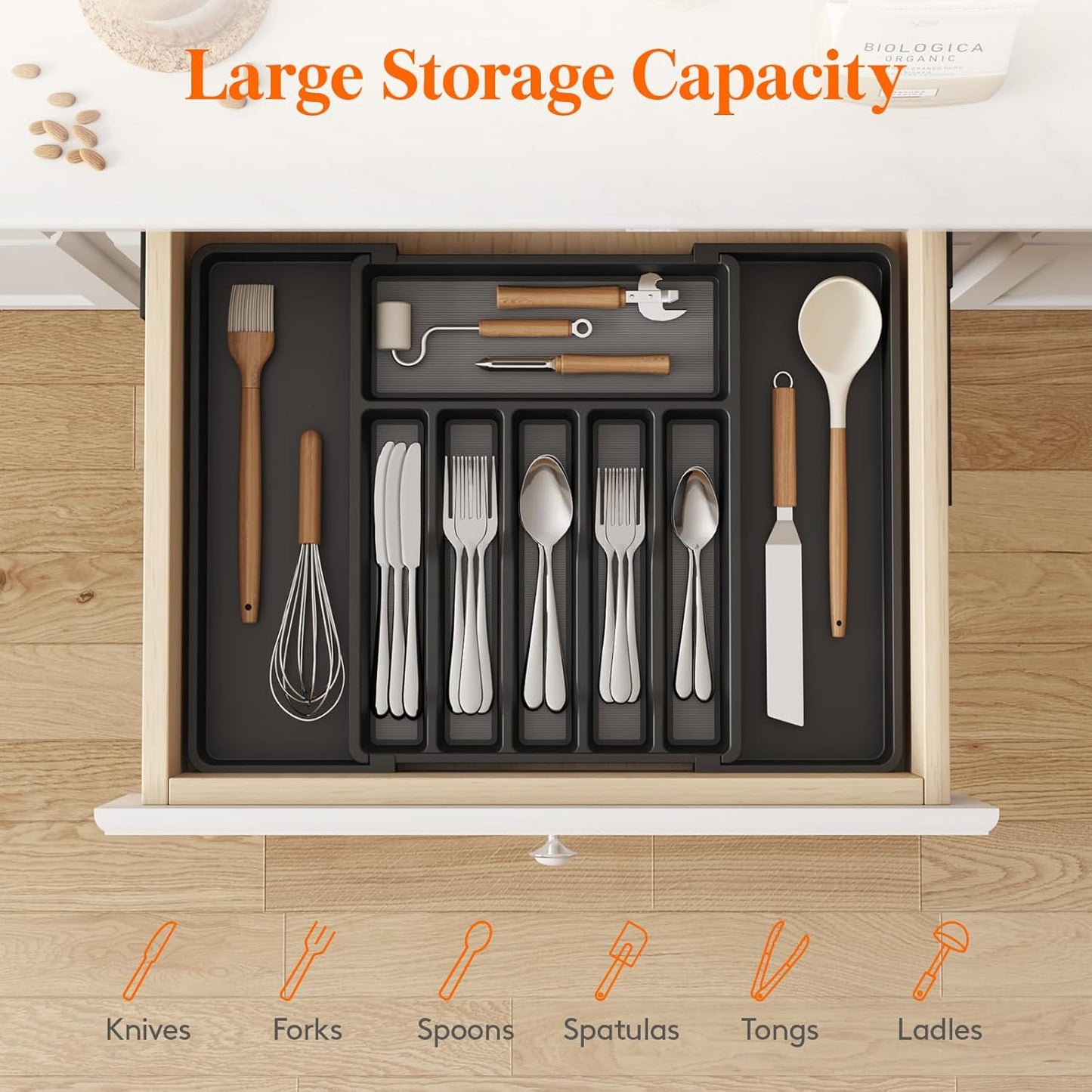 Lifewit Silverware Drawer Organizer, Expandable Utensil Tray for Kitchen, BPA Free Flatware and Cutlery Holder, Adjustable Plastic Storage for Spoons Forks Knives, 11-18 x 14", Black