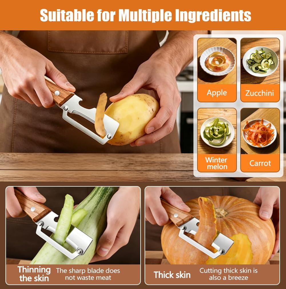 3PCS MultiFunctional Vegetable Peeler, 2 in 1 Stainless Steel Vegetable Peeler with Wooden Handle and Bottle Opener, Sharp Veggie Peeler, Peelers for Kitchen, Fruit Apple Potato Pumpkin Papaya