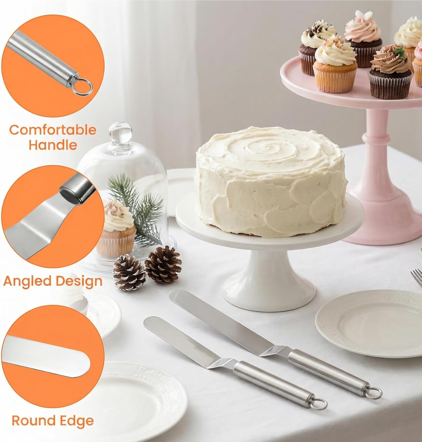 Hacaroa Set of 5 Angled Icing Spatula with 3 Cake Scraper, Offset Spatula with 4, 6, 8, 10, 12 Inch Blades Stainless Steel for Cake Frosting, Decorating, Baking, Ergonomic Handle, 5 Sizes