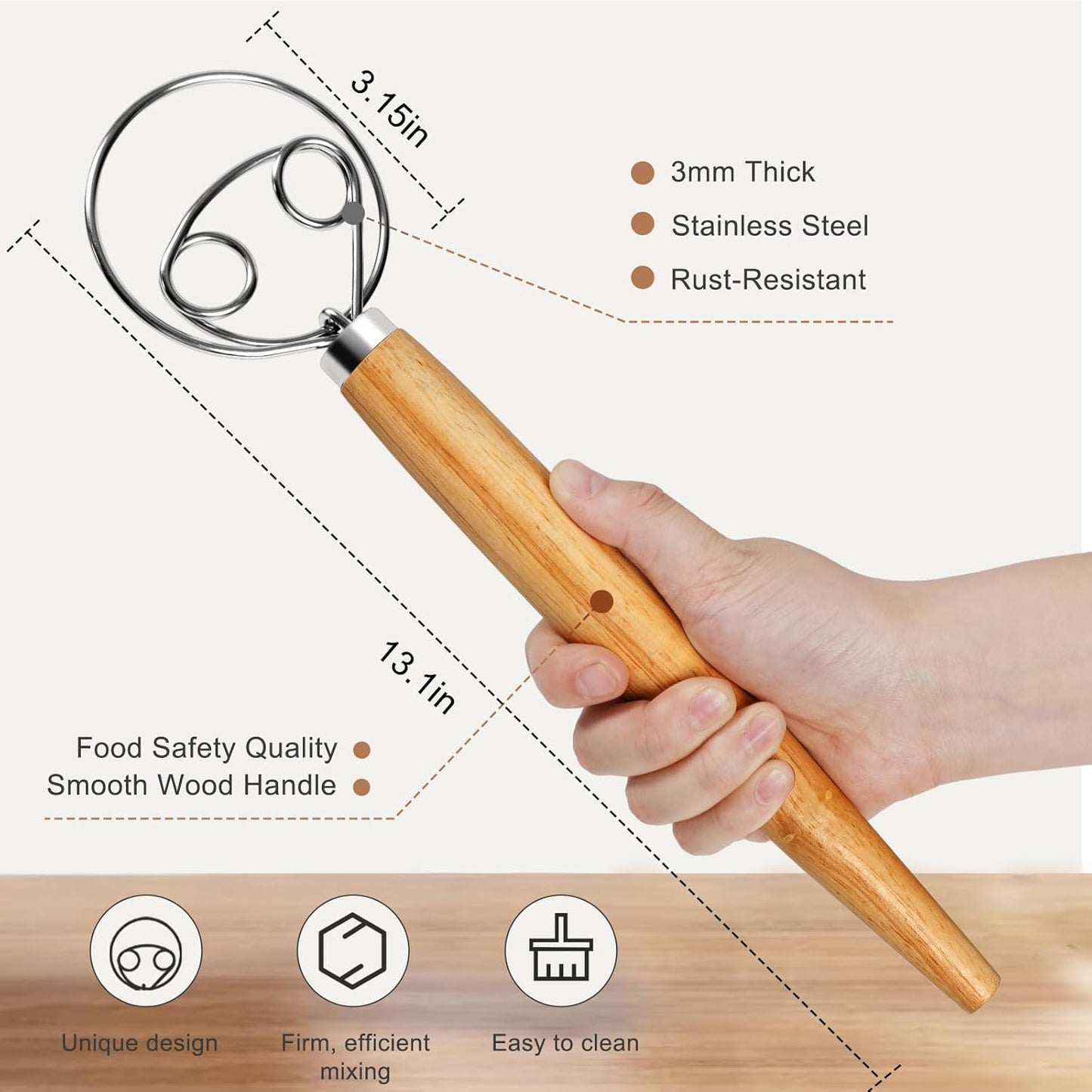 Danish Dough Whisk Large Bread Mixer 13 Inches Premium Stainless Steel Whisk Traditional Dutch Style Bread Making Tools, Whisking Tool with a Cleaning Brush