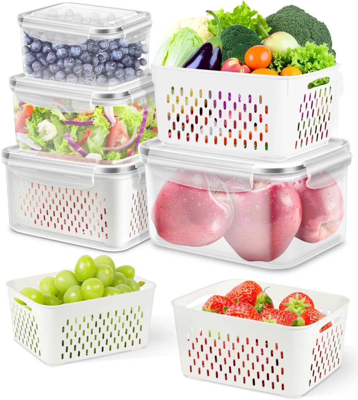 TBMAXS 5 Pack Fruit Storage Containers for Fridge Food Container with Colander Airtight BPA Free Plastic Berry Keeper Produce Vegetable Saver Bins Keep Fresh