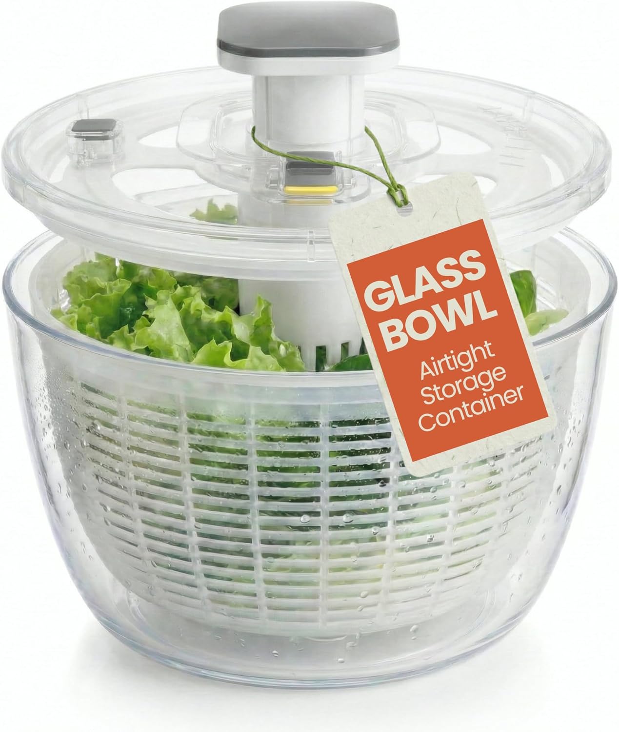 Borosilicate Glass Salad Spinner with Push Button & Storage Lid - Large Capacity 6.3QT Lettuce & Fruit Washer with BPA-Free Draining Colander - Spinning Vegetable Dryer Doubles as a Serving Bowl