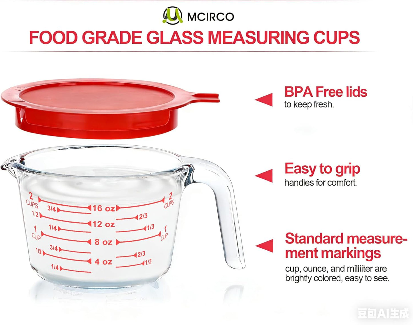 M MCIRCO 6 Pcs Glass Measuring Cups with Lids Set, 1-Cup, 2-Cup, 4-Cup Measuring Jugs with Handle, Nesting Liquid Measuring Cups for Kitchen