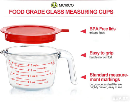 M MCIRCO 6 Pcs Glass Measuring Cups with Lids Set, 1-Cup, 2-Cup, 4-Cup Measuring Jugs with Handle, Nesting Liquid Measuring Cups for Kitchen