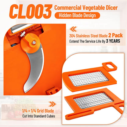 CL003 Dynacube Commercial Vegetable Dicer, 2 Replaceable Blades, 1/4" x 1/4" Heavy Duty Food Prep Cutter, Orange Manual Cuber, Tomato Dicer, Potato Cuber, Vegetable Cube Cutter