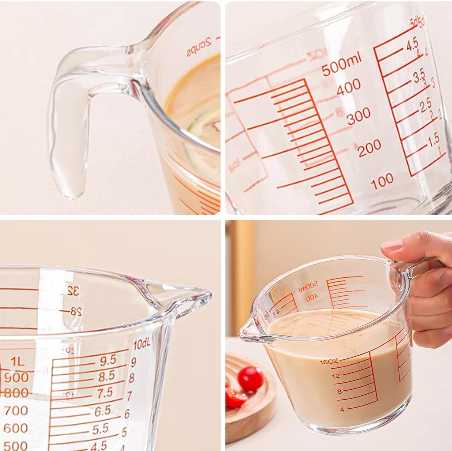 2-Cups Glass Measuring Cups with Lids Set, Measuring Jugs with Handle Liquid Measuring Cups Kitchen Mixing Bowl, Microwave, Oven, and Dishwasher Safe