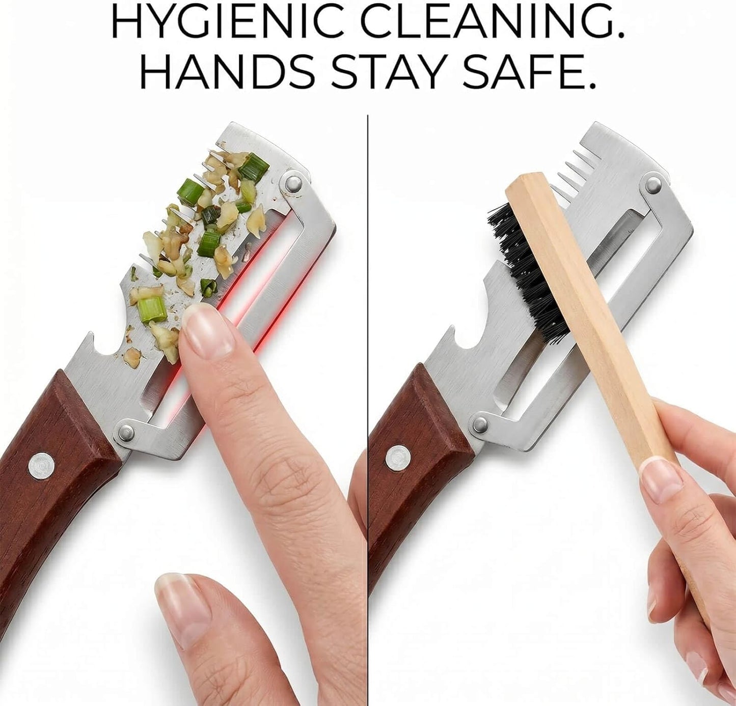 3-in-1 Stainless Steel Vegetable Peeler with Wooden Handle, Julienne Shredder and Bottle Opener for Kitchen & Camping, Includes Cleaning Brush