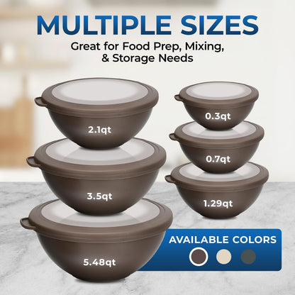 Bakken Master 12 Piece Plastic Nesting Bowls with Lids - Mixing Bowls Set includes 6 Prep Bowls and 6 Lids, BPA-Free, Reusable Meal Prep Containers, Microwave, Freezer & Dishwasher Safe, White Cream