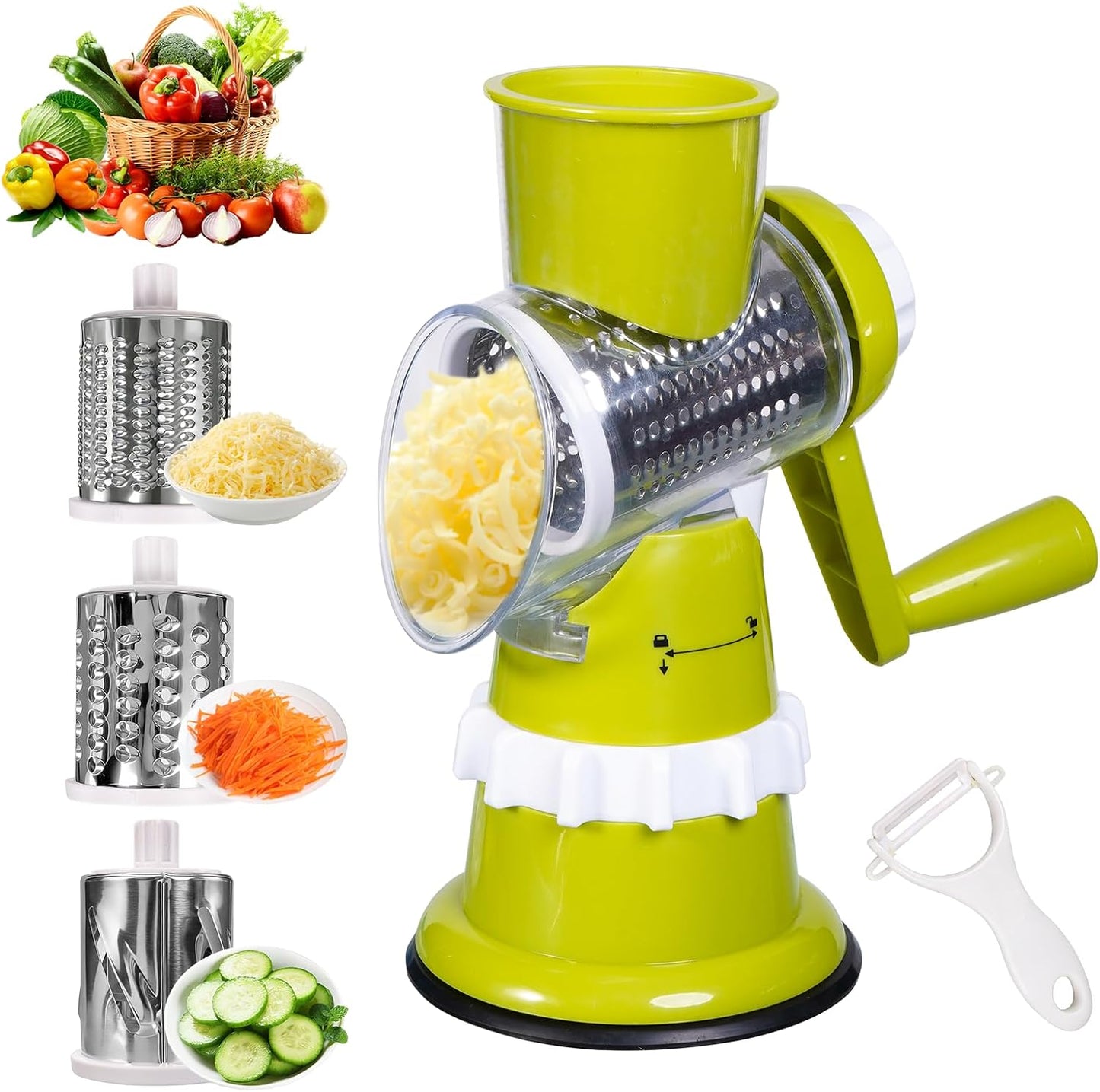 Rotary Cheese Grater, Hand Crank with Suction Base Cheese Shredder Hand Crank 3 Stainless Steel Blades, Rotary Cheese Grater with Handle, Easy to Clean, Rotary Grater for Cheese Vegetable Nuts (Red)
