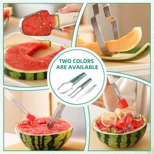 6-in-1 Melon Fork Slicer Cutter, Melon Baller Scoop Set, Watermelon Slicer Tool, Stainless Steel Fruit Cutter, Seed Remover, Fruit Fork for Camping Kitchen Gadgets (6-in-1-blue)