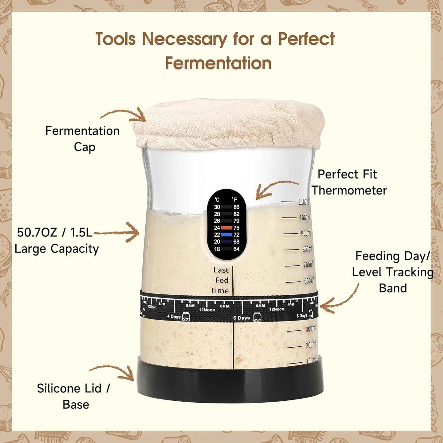 Coco Bird Pro Sourdough Starter Kit- 50oz Large Capacity Sourdough Starter Jar,17 Flavor Recipes,2 Bread Proofing Baskets,Food Scale,Bench Scraper,Bread Lame,Complete Sourdough Bread Baking Supplies
