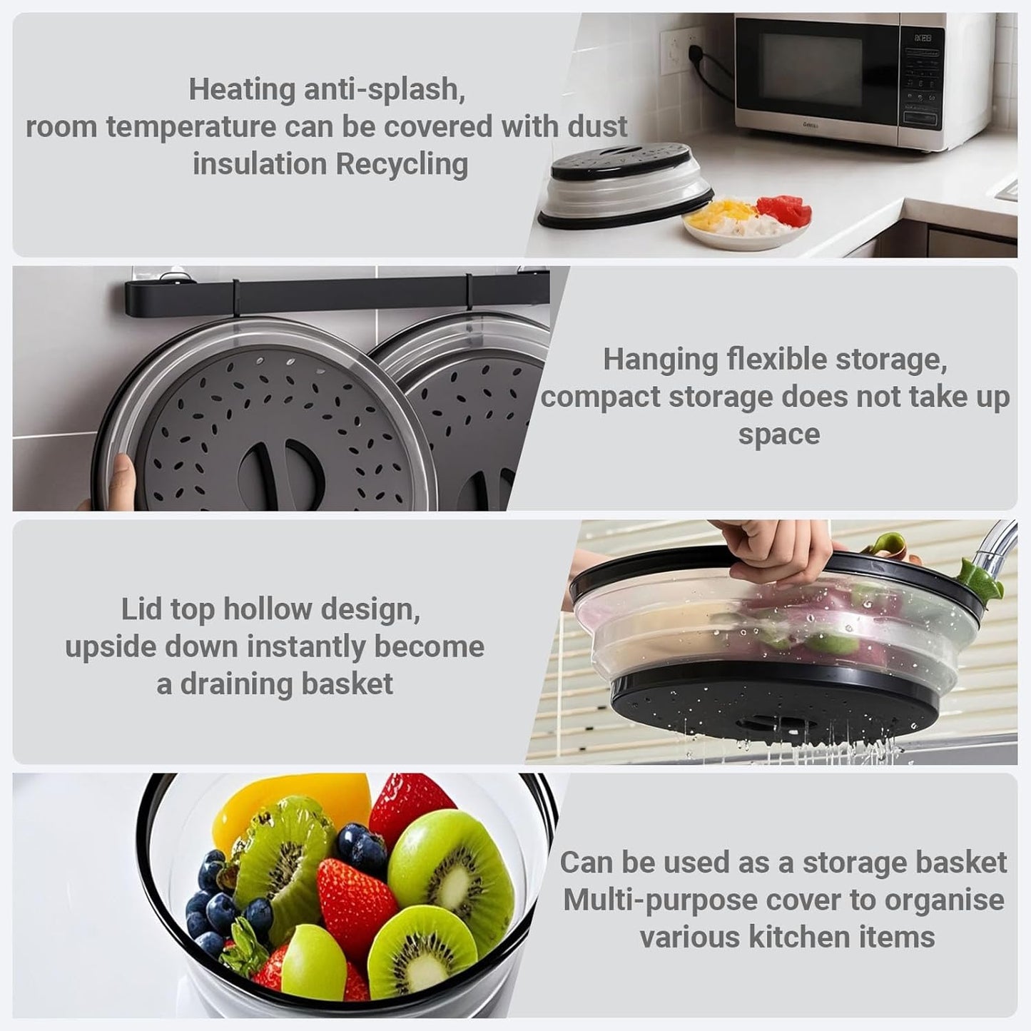 Collapsible Microwave Cover 10.5",Microwave cover for Food 10.5”,Microwave Cover Collapsible Splatter Cover Colander Lid,Fruit Drainer Baske,BPA Free and Non-Toxic(Black) ﻿