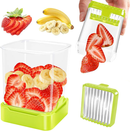 Fruit Slicer Cup for Strawberry, Banana, Hard-Boiled Egg - Detachable Cutter with Push Plate - 304 Stainless Steel Blade - Rapid & Safe Slicing Kitchen Gadget for Quick Meal Prep (Black)