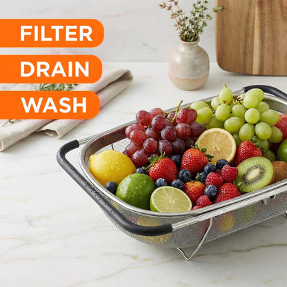 Over The Sink Colander, Fine Mesh Stainless Steel Strainers and Colanders, 6 Quarts Stainless Steel Oval Colander with Expandable Rubber Grip Handle, Steel Colander for Strain, Drain, Rinse