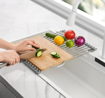 Tomorotec 17.7" x 15.5" Roll Up Dish Drying Rack Over Sink Drying Rack Sink Cover Kitchen Sink Accessories Gadget Multipurpose Organizer Foldable Stainless Steel Drainer