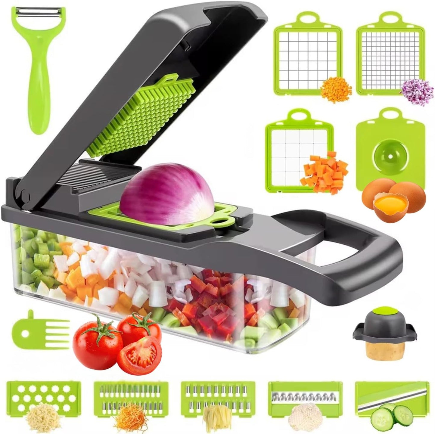 Vegetable Chopper Dicer with Container Cheese Grater Mandoline Slicer Cabbage Shredder French Fry Cutter Stainless Steel For Veggie Onion Potato Fruit Food,Manual Hand Cooking Gadget for kitchen