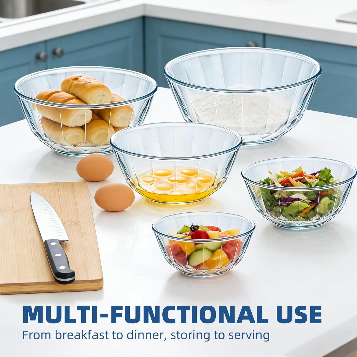 Luvan Glass Mixing Bowls with Lids Set(4.5QT, 2.7QT, 1.1QT)-Large Glass Mixing Bowls, Clear Salad Bowl for Baking, Cooking, Serving, Food Prep, 3PC Nesting Bowls for Kitchen Storage & Dishwasher Safe