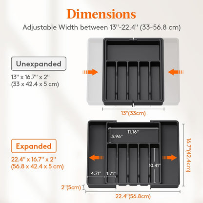 Lifewit Silverware Drawer Organizer, Expandable Utensil Tray for Kitchen, BPA Free Flatware and Cutlery Holder, Adjustable Plastic Storage for Spoons Forks Knives, 11-18 x 14", Black
