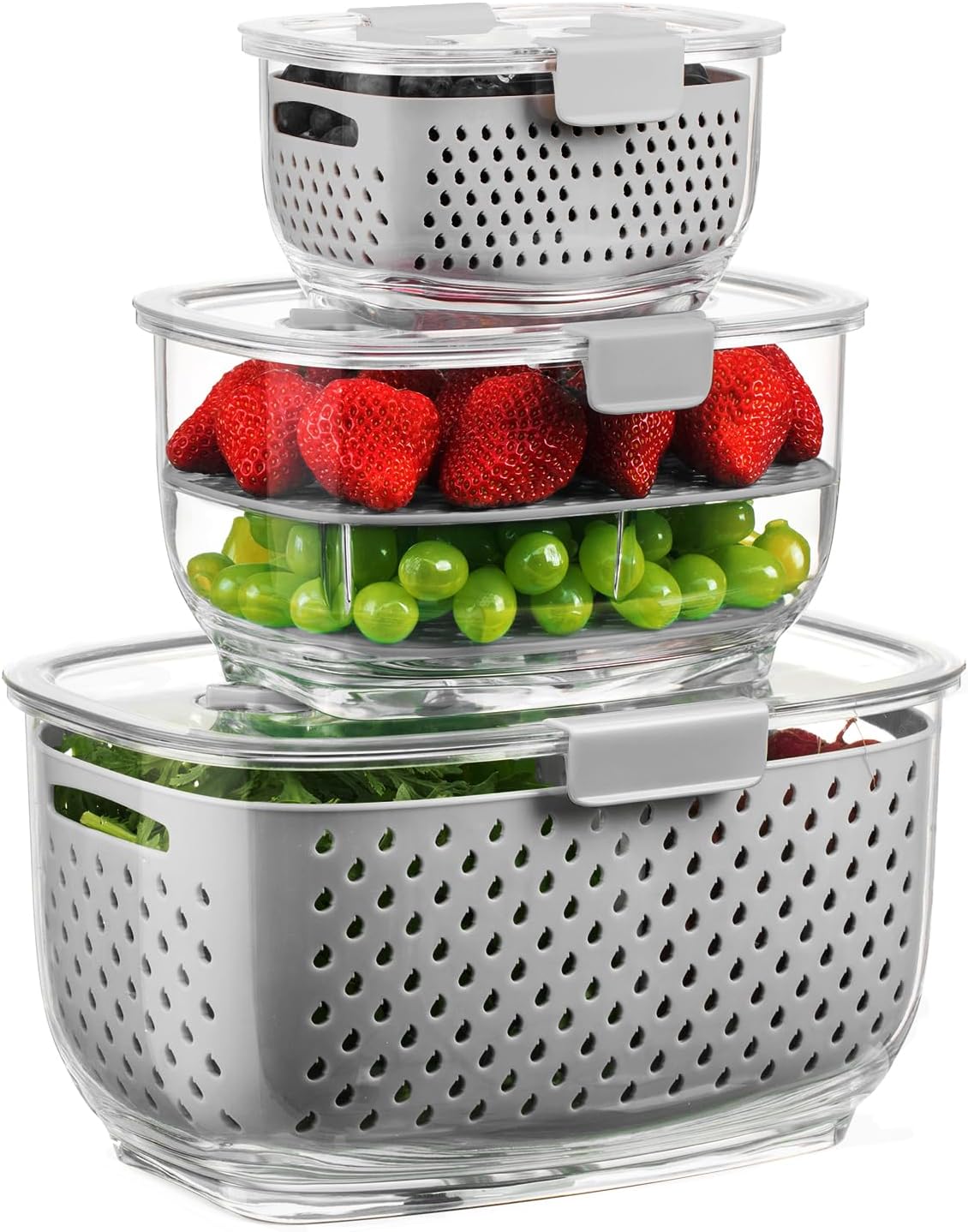 LUXEAR Fresh Produce Vegetable Fruit Storage Containers 3Piece Set, BPA-free Fridge Storage Container, Partitioned Salad Container, Fridge Organizers, Used in Storing Fruits Vegetables, Green