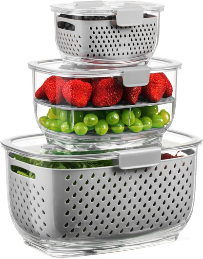 LUXEAR Fresh Produce Vegetable Fruit Storage Containers 3Piece Set, BPA-free Fridge Storage Container, Partitioned Salad Container, Fridge Organizers, Used in Storing Fruits Vegetables, Green