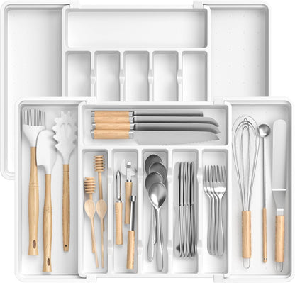 RoomHacks Large Silverware Organizer,Expandable Utensil Drawer Organizer,BPA Free Utensil Holder,Adjustable Silverware Tray Cutlery Drawer Organizer for Kitchen Flatware,Large,Black (6-8 Slots)