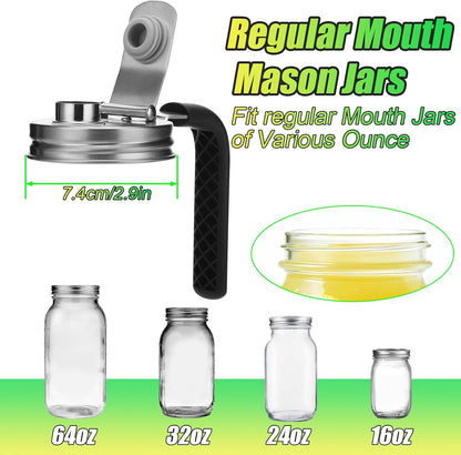 Mason Jar Pour Spout Lid Stainless Steel with Handle, Wide Mouth Pour Spout Flip Cap Lids for Mason Jars, Anticracking Leak Proof Seal Cover Airtight for Drinking Salad Dressing & Food Storing(2PCS)