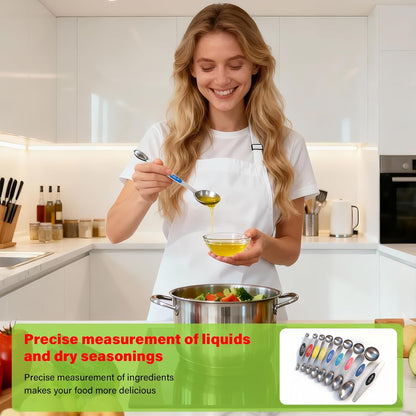 Stainless Steel Magnetic Measuring Spoons Set of 9 with Leveler,Dual Sided, Stackable, Adjustable Teaspoon and Tablespoon, Measuring Liquids and Dry Ingredients, Baking& Cooking Gadgest,Multicolor