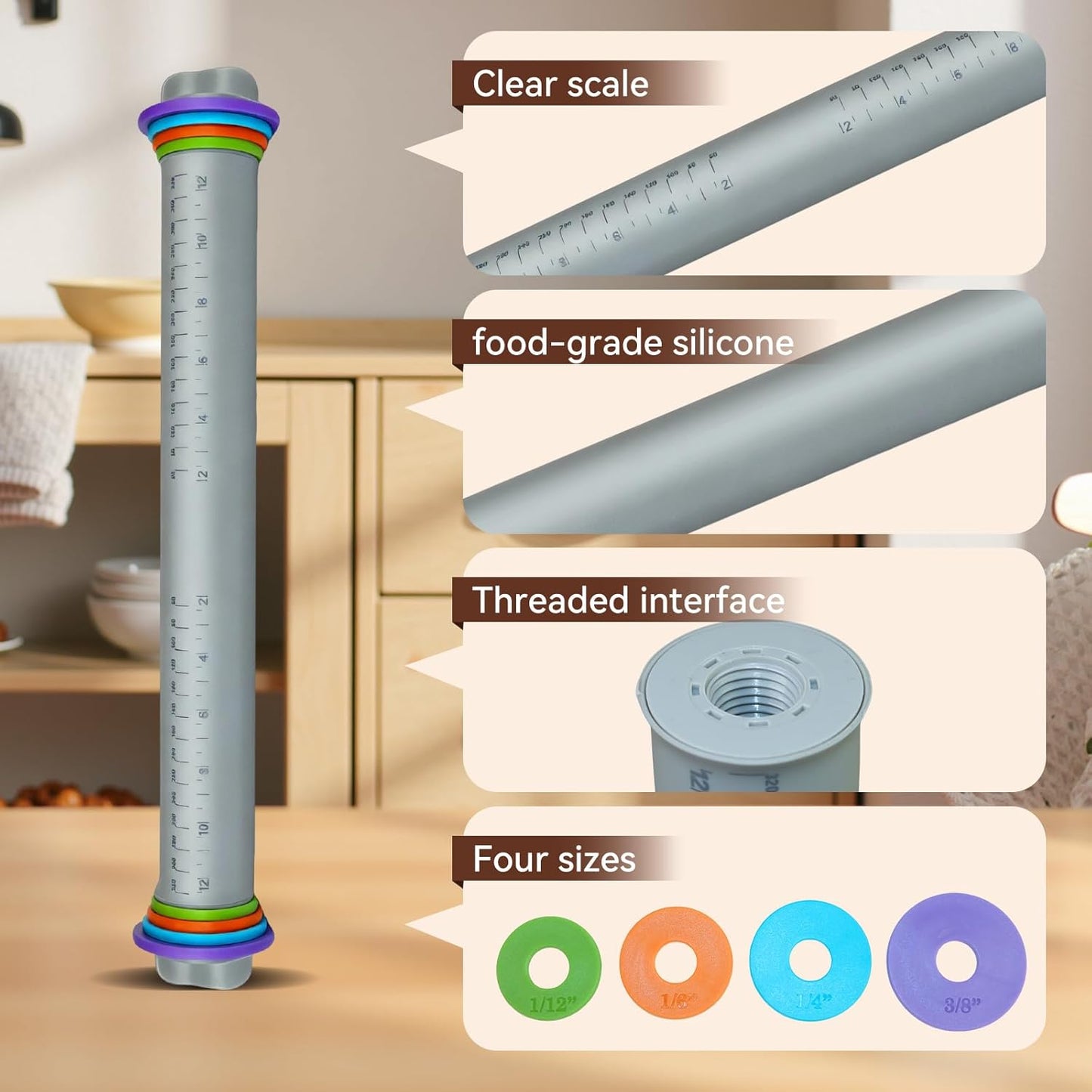 Adjustable Rolling Pin with Thickness Rings, 12.8" Silicone Non-Stick Dough Roller with Stainless Steel Core, Consistent Thickness Baking Tool for Pizza, Pastry, Cookies & Pie Crust