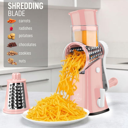 Zulay Kitchen Rotary Cheese Grater 5 Blade Cheese Shredder - Manual Hand Crank Cheese Grater With Reinforced Suction & 5 Interchangeable Drums - Easy to Use, Vegetable Chopper Round Mandoline Slicer - Colors A