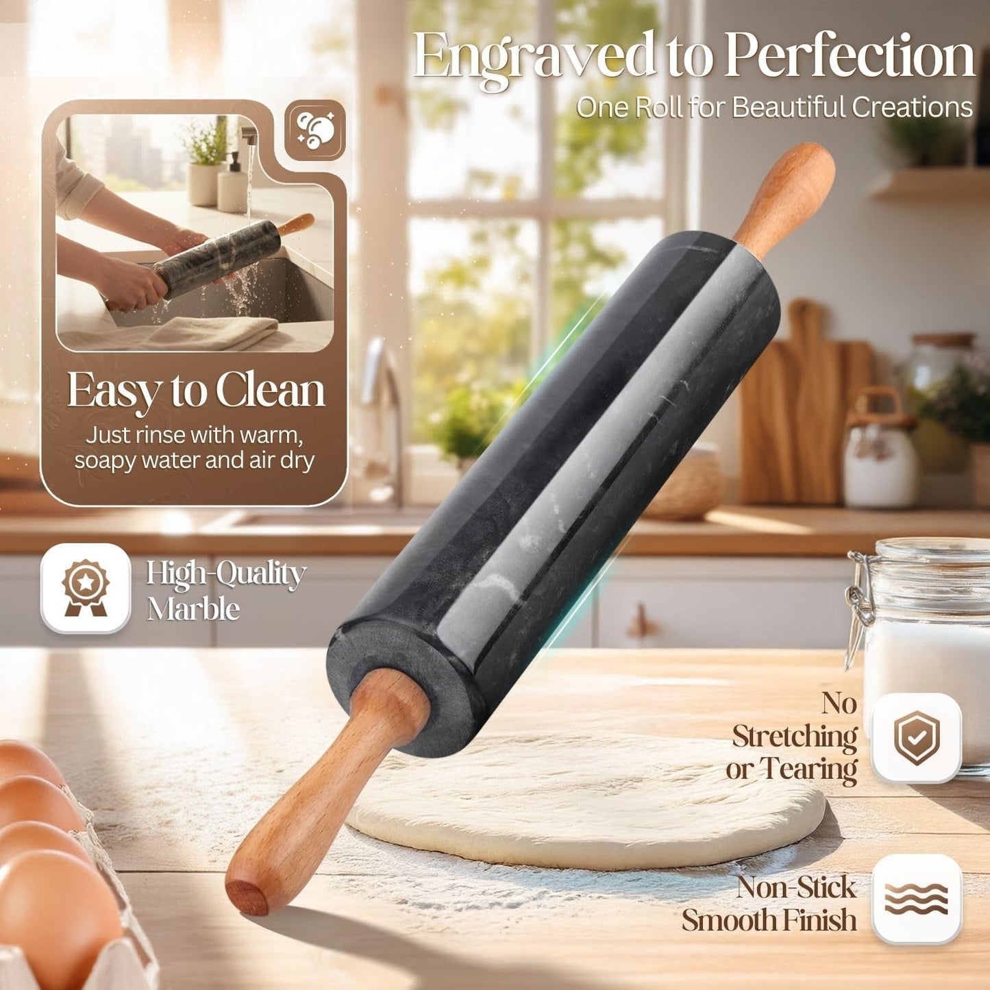 Flexzion Marble Rolling Pin Heavy Nonstick Stone Dough Roller - 10 Inch Polished Barrel with Wooden Handles & Cradle Stand for Baking Pastry Bread Pizza Cookies Pie Crust Pasta Tortillas (White)