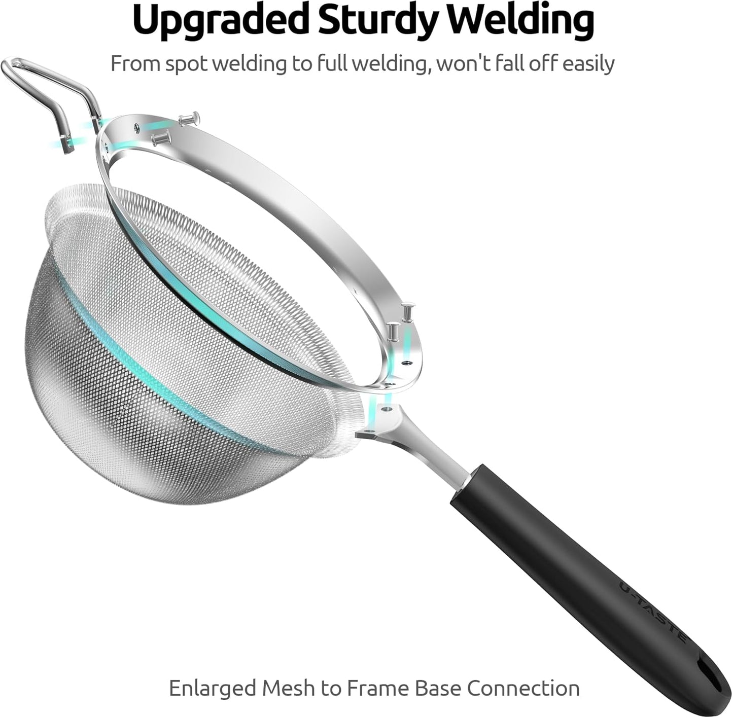 U-Taste Medium Fine Mesh Strainer: 18/8 Stainless Steel 4.73in 30 Mesh Kitchen Food Sieve with Sturdy Riveted Silicone Handle, Heavy Duty Deep Handheld Metal Colander for Rice, Quinoa, Flour (Black)
