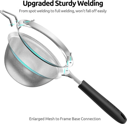 U-Taste Medium Fine Mesh Strainer: 18/8 Stainless Steel 4.73in 30 Mesh Kitchen Food Sieve with Sturdy Riveted Silicone Handle, Heavy Duty Deep Handheld Metal Colander for Rice, Quinoa, Flour (Black)