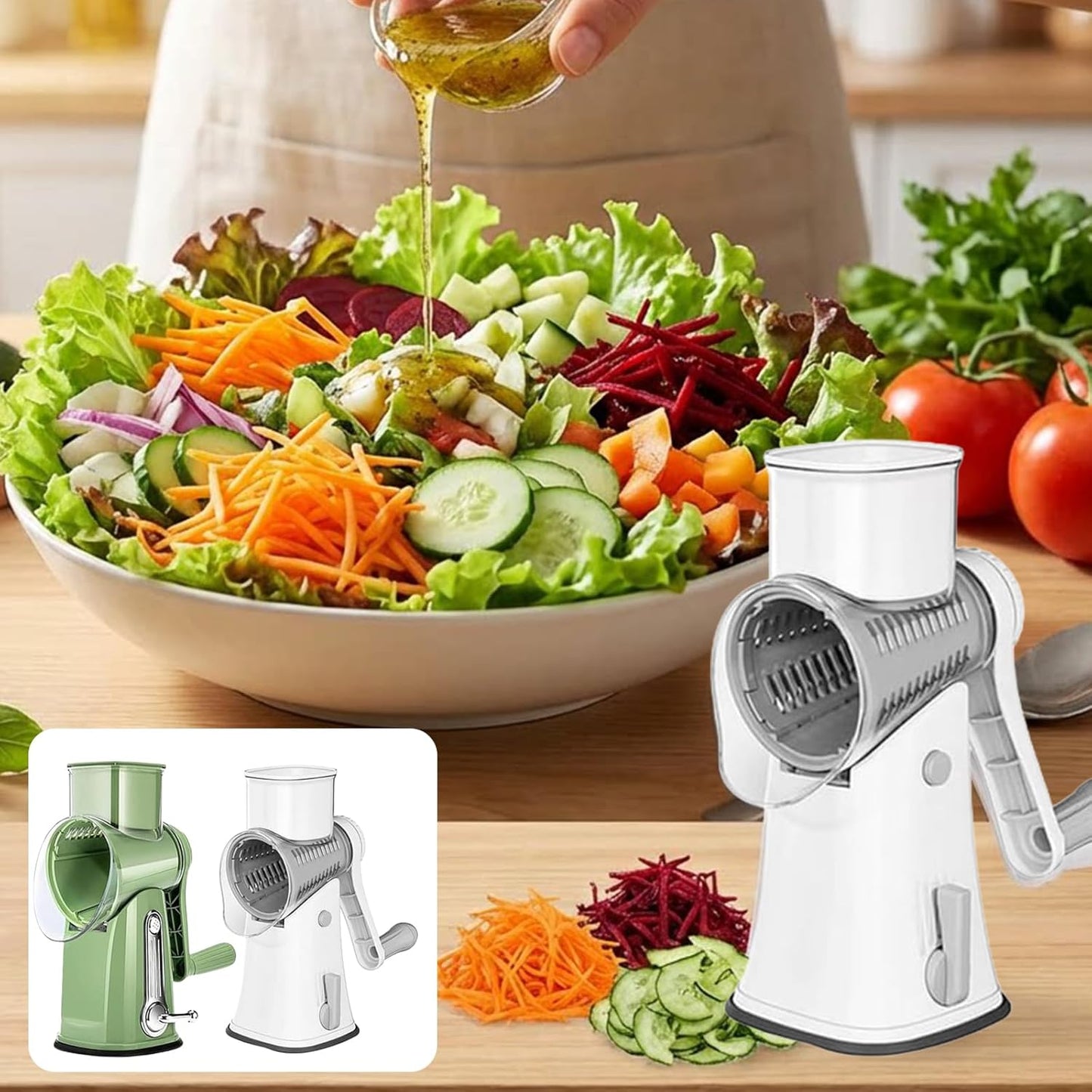 Sakerplus 5 in 1 Rotary Cheese Grater Shredder with Handle, Hand Crank Manual Vegetable Slicer & Drum Grater for Cheese, Potatoes, Nuts, Salad, Dishwasher Safe Blades (1, White)