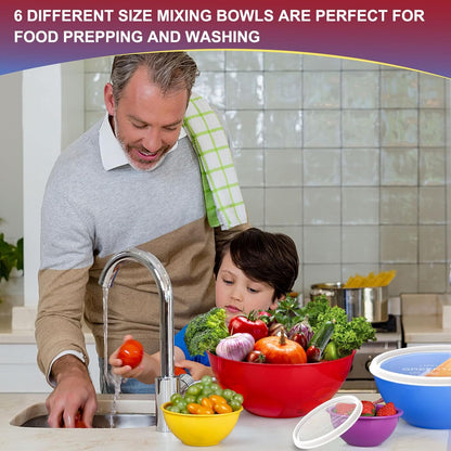 Greentainer Plastic Mixing Bowls with Lids Set for Kitchen, 6 Set Nesting Bowls for Mixing, Baking, Prepping, Cooking and Serving Food, Mixing Bowls Dishwasher, Microwave Safe