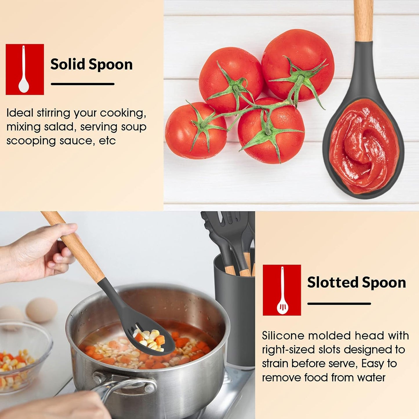 E-far Cooking Utensils Set of 6, Silicone Kitchen Utensils with Wooden Handle, Non-stick Cookware Friendly & Heat Resistant, Includes Spatula/Ladle/Slotted Turner/Serving Spoon/Spaghetti Server(Khaki)