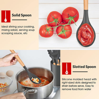 E-far Cooking Utensils Set of 6, Silicone Kitchen Utensils with Wooden Handle, Non-stick Cookware Friendly & Heat Resistant, Includes Spatula/Ladle/Slotted Turner/Serving Spoon/Spaghetti Server(Khaki)