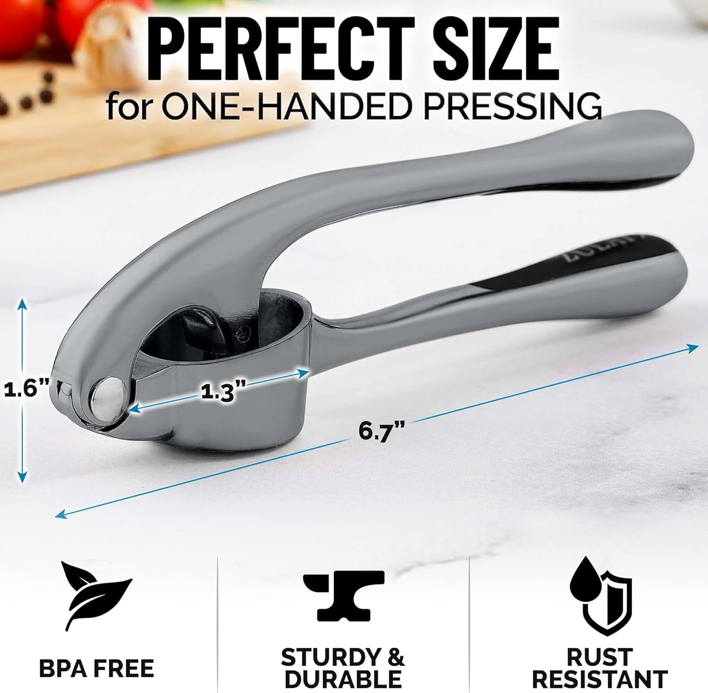 Zulay Kitchen Premium Garlic Press Set - Rust Proof Professional Garlic Mincer Tool - Easy-Squeeze, Easy-Clean with Soft, Ergonomic Handle - Silicone Garlic Peeler & Brush (Silver)
