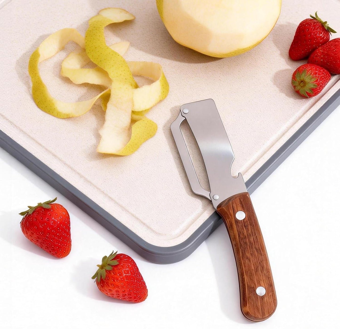 Multi-Functional Vegetable Peeler with Hook, Stainless Steel Sharp Blades Peeler with Wooden Handle & Bottle Opener Practical Kitchen Tool for Veggie Fruit Apple Potato Sugar Cane