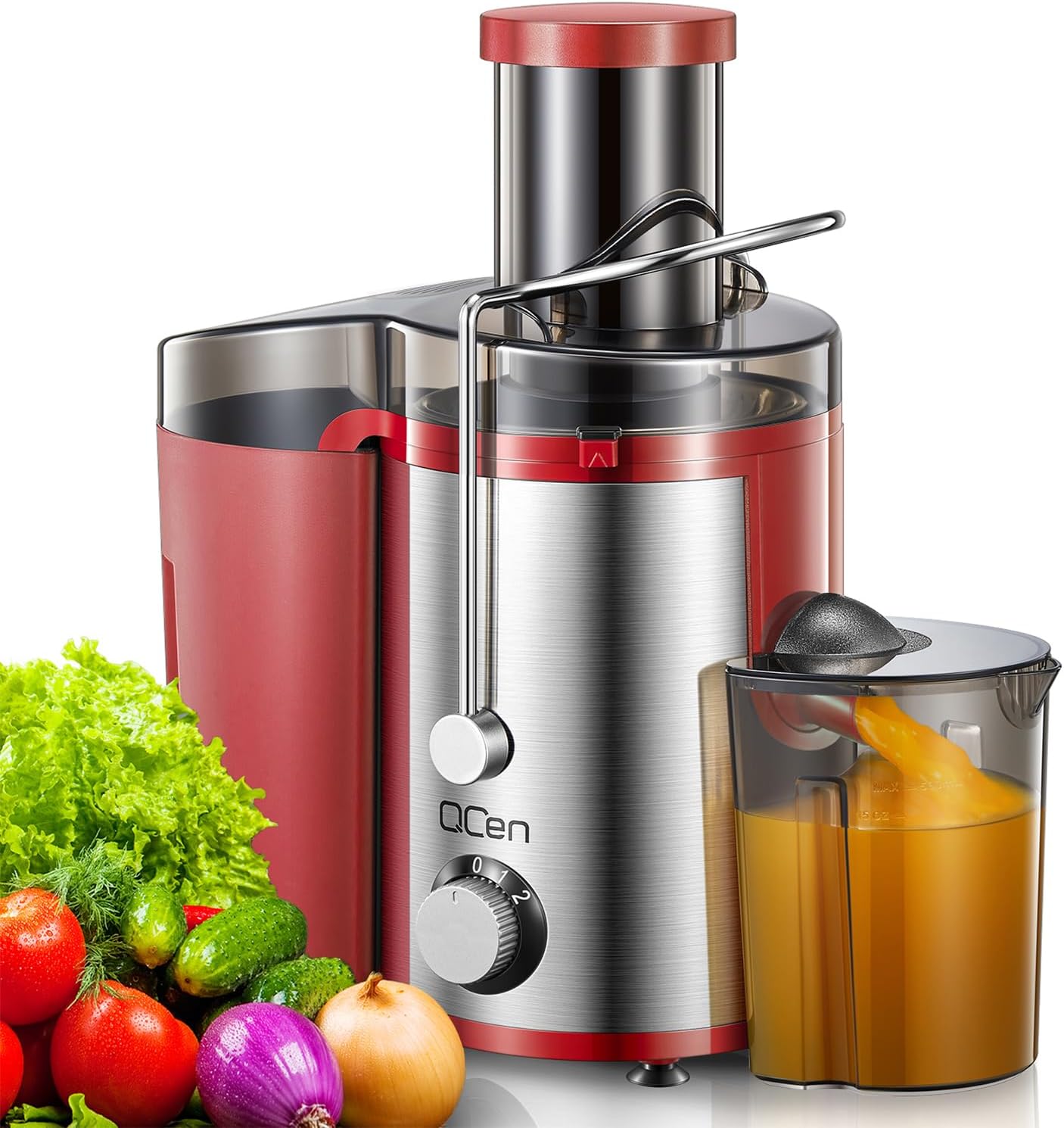 Qcen Juicer Machine, 500W Centrifugal Juicer Extractor with Wide Mouth 3” Feed Chute for Fruit Vegetable, Easy to Clean, Stainless Steel, BPA-free (Black)
