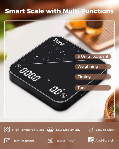 Tuni Rechargeable Mini Coffee Scale with Timer, 2kg/0.1g Accurate Espresso Scale for Espresso and Pour-Over Coffee, Portable Digital Kitchen Scale with Automatic Timing, White