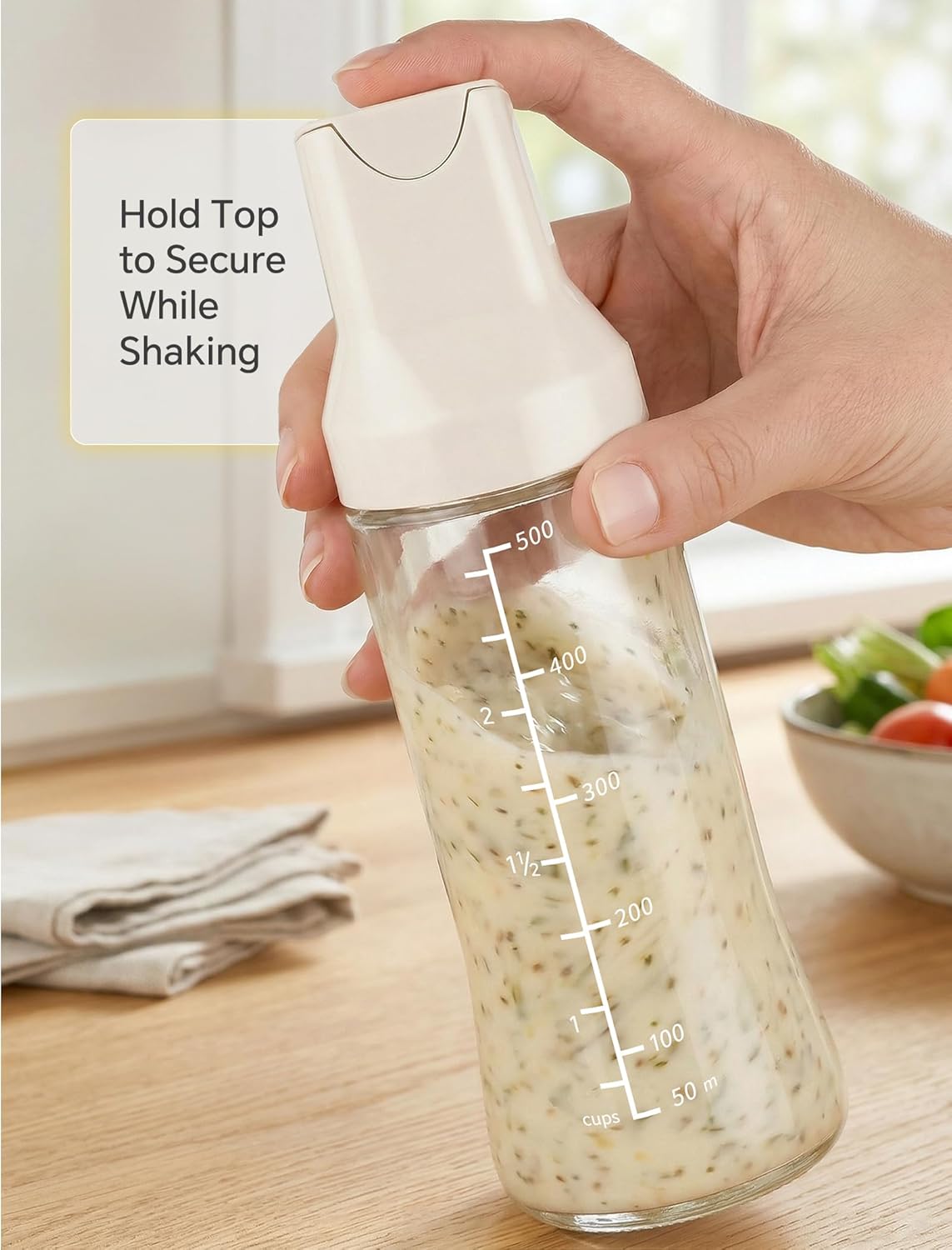 NiHome 500ml Glass Salad Dressing Shaker Bottle, Wire Whisk Ball for Powerful Mixing, Auto-Seal Spout, Dual Measurement, Dishwasher Safe Dressing Container