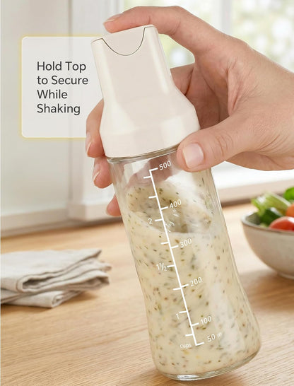 NiHome 500ml Glass Salad Dressing Shaker Bottle, Wire Whisk Ball for Powerful Mixing, Auto-Seal Spout, Dual Measurement, Dishwasher Safe Dressing Container