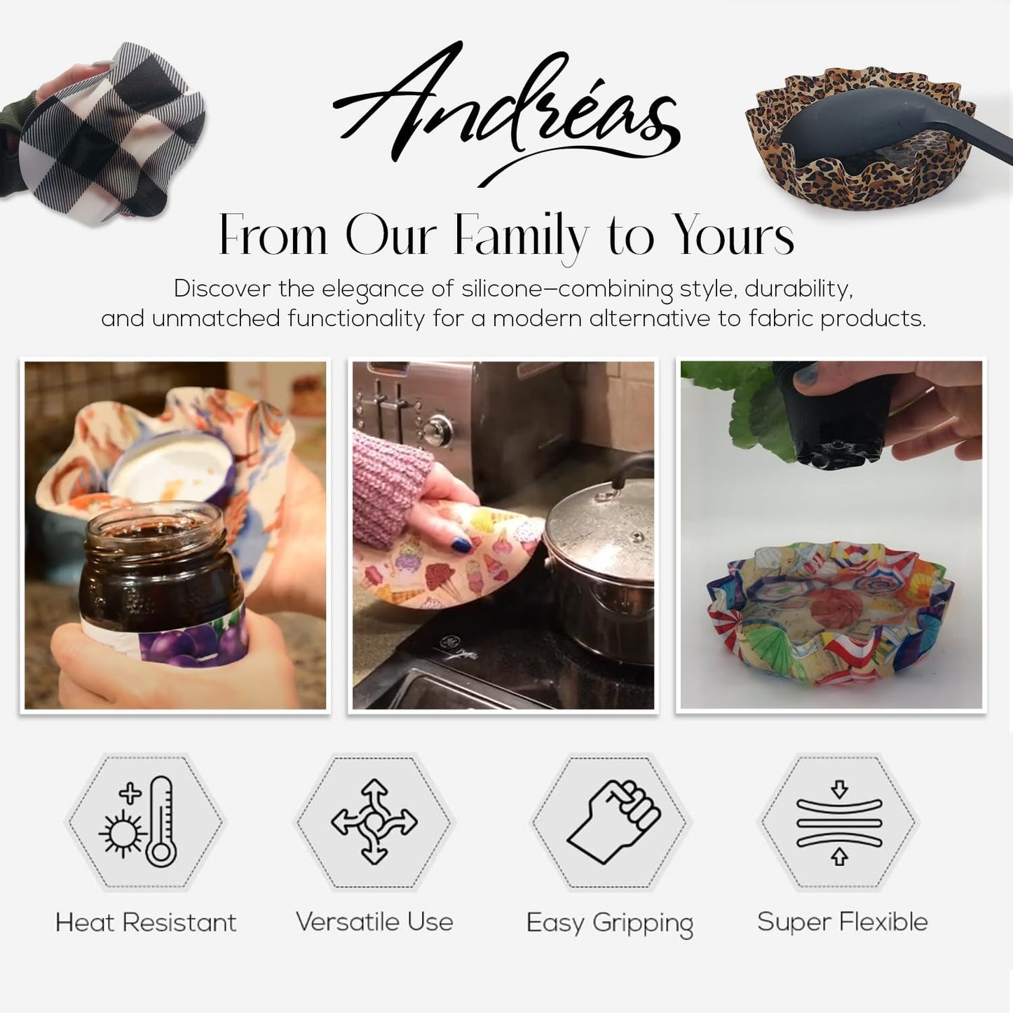 Andreas Silicone Jar Opener, Rise & Grind– 6.25" Non-Slip Lid Gripper & Garlic Peeler, Dishwasher Safe, Multi-Use, Durable Silicone & Fabric, Made in the USA, JO-425