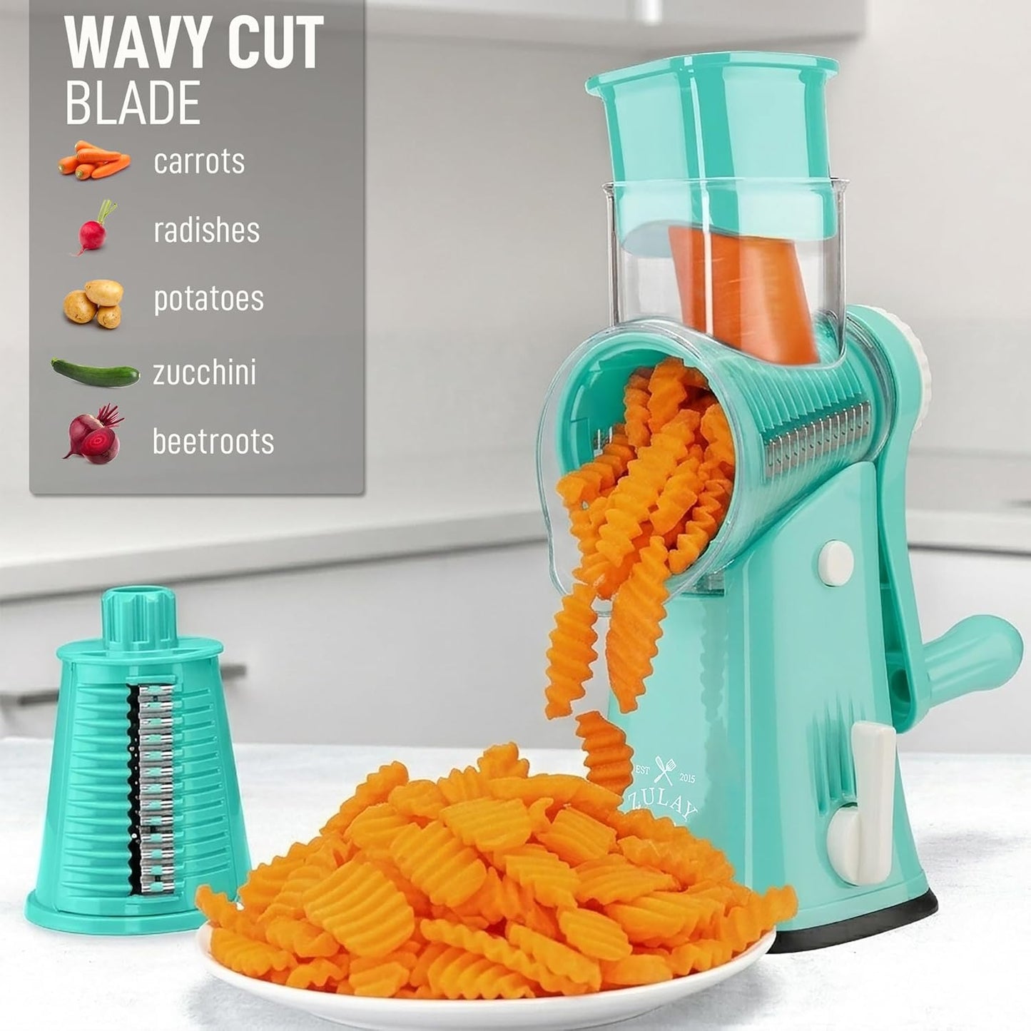 Zulay Kitchen Rotary Cheese Grater 5 Blade Cheese Shredder - Manual Hand Crank Cheese Grater With Reinforced Suction & 5 Interchangeable Drums - Easy to Use, Vegetable Chopper Round Mandoline Slicer - Colors A