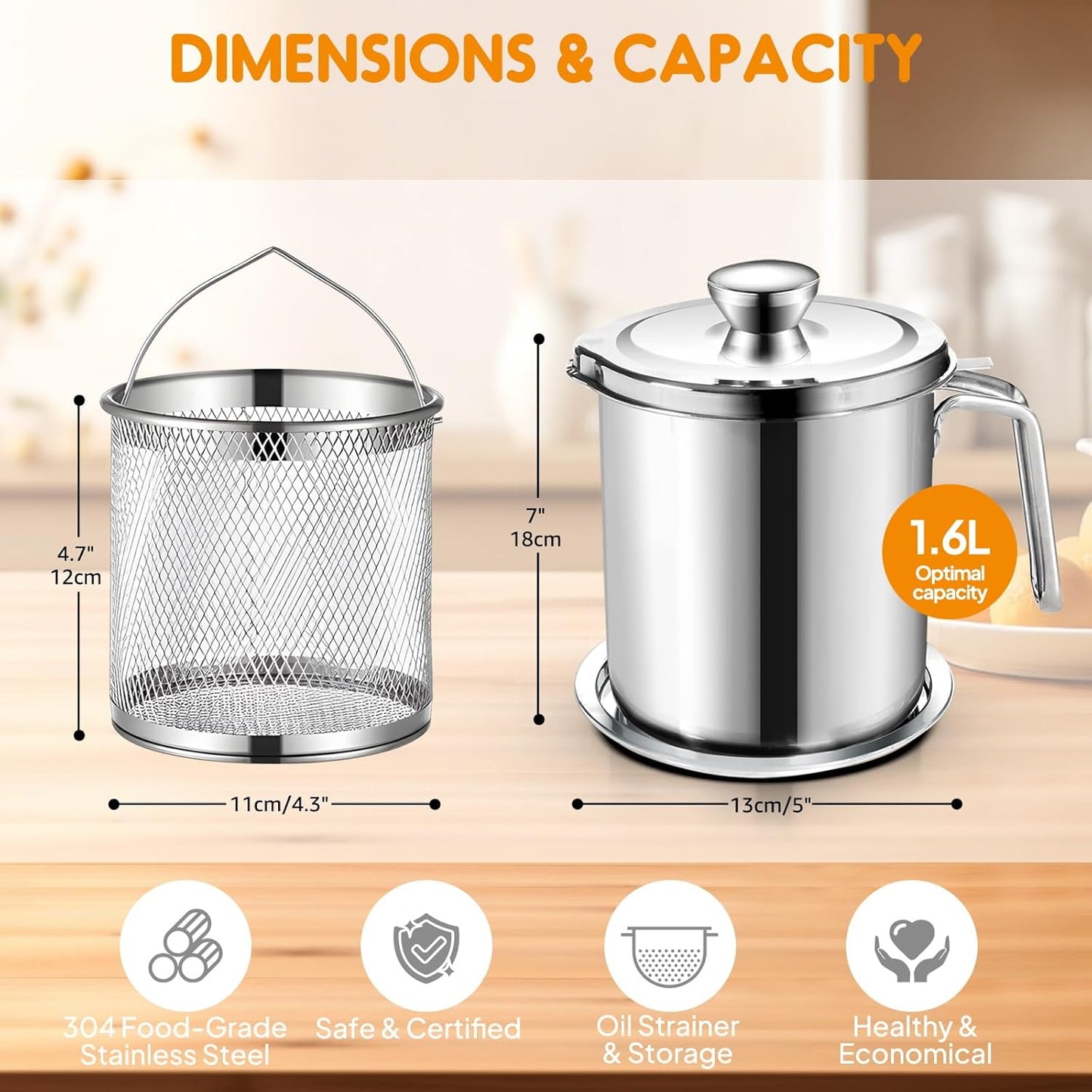 Chihee Grease Container Stainless Steel Bacon Grease Saver with Fine Mesh Strainer 2L / 67.6 fl oz Cooking Oil Keeper Stoarge Can with Dust-proof Lid Non-slip Tray for Kitchen Frying