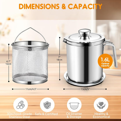 Chihee Grease Container Stainless Steel Bacon Grease Saver with Fine Mesh Strainer 2L / 67.6 fl oz Cooking Oil Keeper Stoarge Can with Dust-proof Lid Non-slip Tray for Kitchen Frying